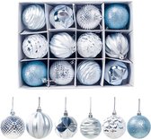 Speciale kerstballen - Uniek design - bijzondere kerstballen - 5.5cm - 12 stuks - Blauwe/zilveren kerstballen