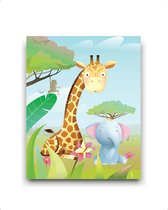 Schilderij Dieren / Beestenboel Giraf Olifant Vlinder Links - Kinderkamer - Dierenschilderij - Babykamer / Kinder - Babyshower Cadeau - 40x30cm - FramedCity