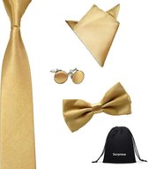 Luxe set stropdas inclusief vlinderstrik pochette en manchetknopen - Champagne - Goud - Sorprese - strik - strikje - vlinderdas - pochet - heren - Cadeau