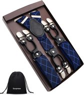 Sorprese – Luxe chique – heren bretels – donkerblauw geruit met blauw design – zwart leer – 6 extra stevige clips