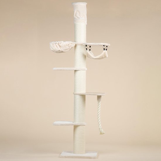 RHRQuality Krabpaal voor grote katten - Maine Coon Tower Crown – 240 tot 260 cm Hoog – Met Extra Dikke 20 cm Sisalpalen – Crème