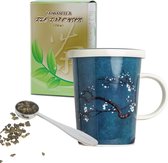 geschenken set voor vrouw of vriendin, bestaande uit 250 gram losse groene thee theebeker blauw magnolia 300 ml plus stalen maatlepel.