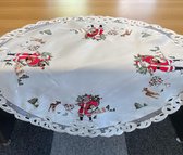 Tafelkleed - Kerst - Wit met grijze rand en kerstman - Rond 85 cm