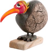 Crazy Clay Comix Cartoon - vogel - beeld - Kiwi - roze - uniek handgeschilderd - massief beeld - op houten voet