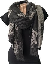 Lange Warme Dames Sjaal - Bloemenprint - 2-Zijdig - Zwart - Grijs - 200 x 65 cm
