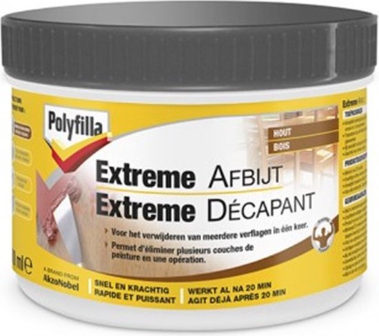 Gele pot met donkergrijs deksel. Polyfilla Extreme Afbijt. Afbeelding van een hand die verf schraapt van hout.