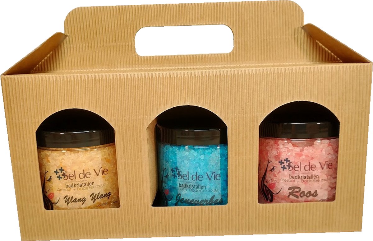 Luxe Dode zee badzout pakket 3 x 300 gram in mooie geschenkverpakking. Ylang Ylang, Jeneverbes en Roos