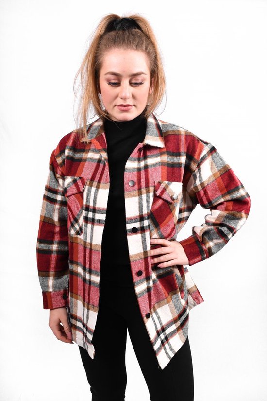 Lumber jacket | Jas dames | Houthakkers jas | Ruitjes | Stoer | Oversized | Kleur Rood | Maat M