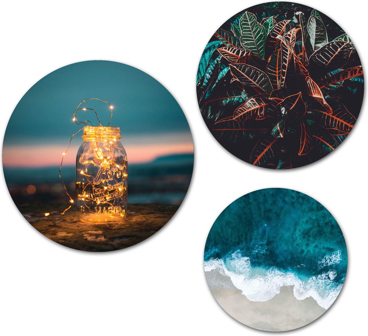 Forex Muurcirkel Set - Set Lichtjes bij de Zee - Set van 3 Wandcirkels met Ophangsystemen - 25x30x35