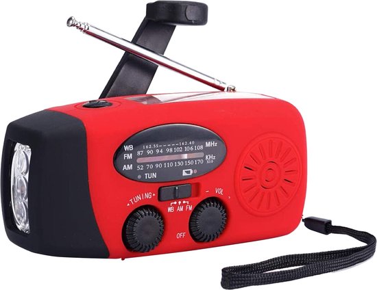 Rode Noodradio - Noodradio Opwindbaar - Noodradio op zonne-energie - fm noodradio - Dynamo Radio - radio - fm radio - powerbank noodradio - radio met zaklamp