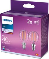 PHILIPS LED Filament MULTIPACK 2x P45 - 4.3W E14 Koel Wit 4000K | Vervangt 40W