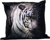 Digitalizm | Sierkussen | Kussen | Tijger | Witte tijger | Siberische tijger | Bengaalse tijger | Koningstijger | Zoogdier | 60 x 60 cm | Zwart/ wit | Zwarte achtergrond | Design k