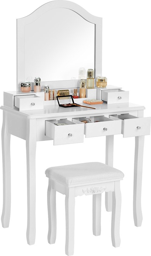 Witte Kaptafel Met Spiegel En Gewatteerde Kruk Set - Make-up Organisator Slaapkamermeubilair Voor Dames En Meisjes