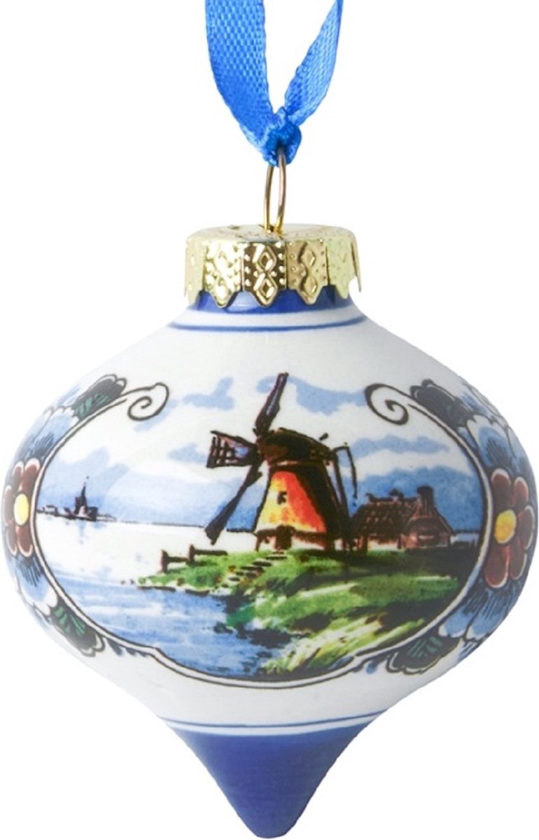 Heinen Delfts Blauw | Kerstbal Landschap met molen | 2 stuks | Kleur | Ui vorm | Souvenir