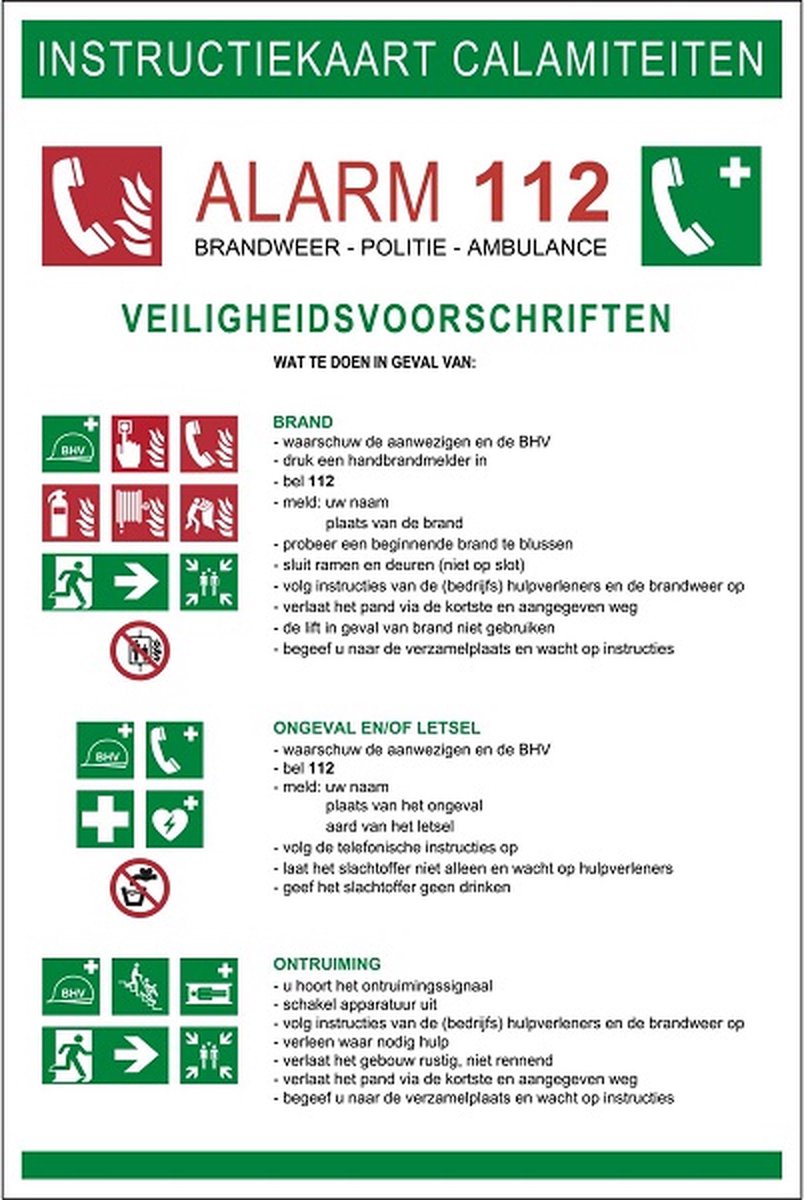 Calamiteitenbord | Instructiebord brand / ongeval / ontruiming A4 NALICHTEND
