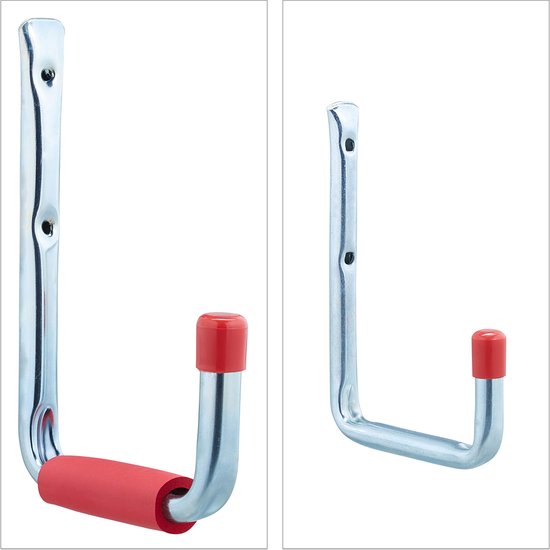 Twee zilverkleurige metalen wandhaken met rode doppen en een rode handgreep.