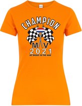 Dames T-shirt oranje Champion MV 2021 | race supporter fan shirt | Formule 1 fan kleding | Max Verstappen / Red Bull racing supporter | wereldkampioen / kampioen | racing souvenir | maat L