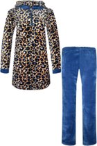 Dames fleece huispak met zakken en ritsje met capuchon M blauw/bruin