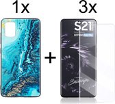 Samsung S21 Ultra Hoesje - Samsung Galaxy S21 Ultra Hoesje Marmer Donkerblauw Oceaan Print Siliconen Case - 3x Samsung S21 Ultra Screenprotector UV