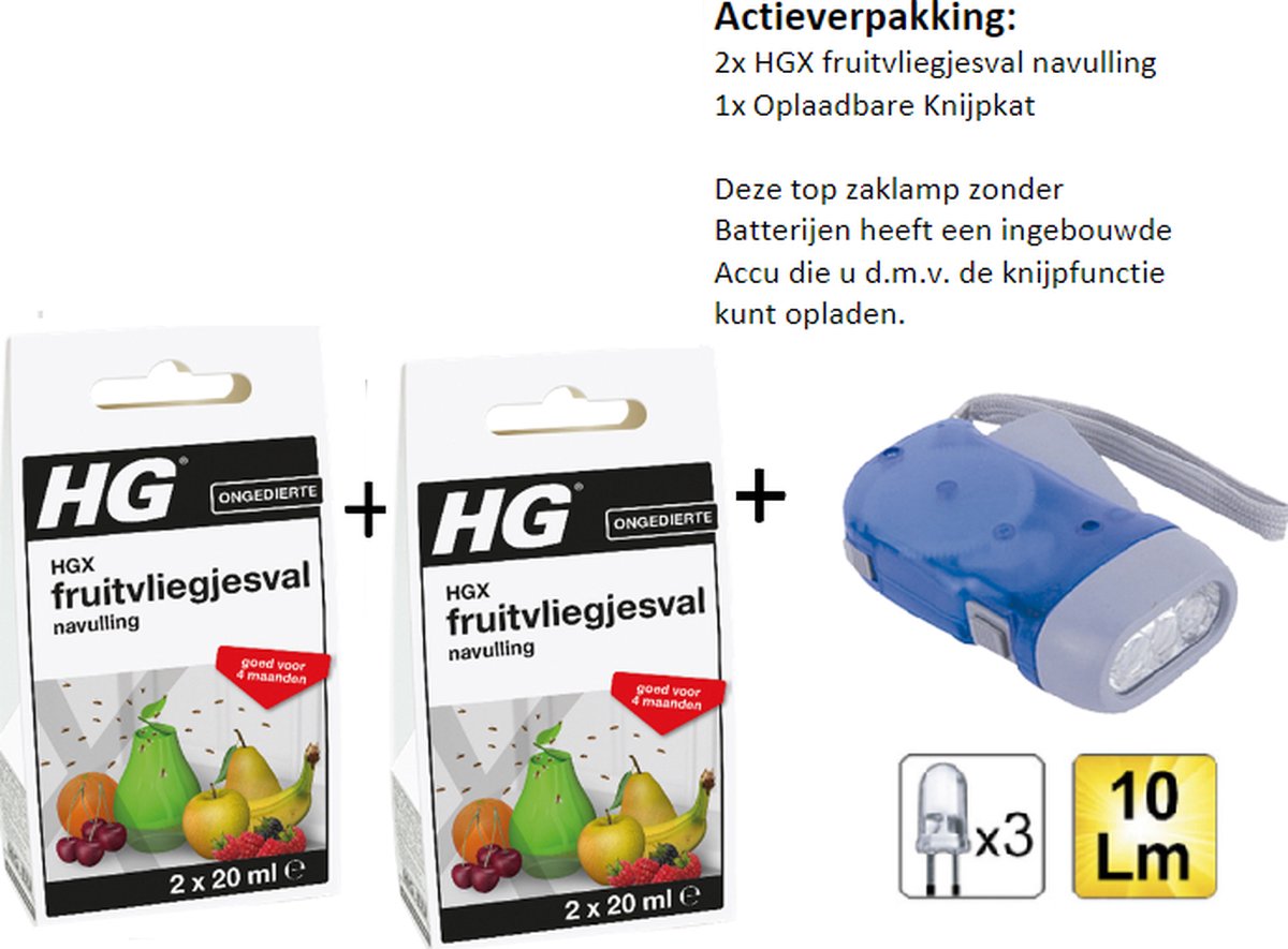 HGX fruitvliegjesval navulling - 2stuks + Knijpkat/Zaklamp