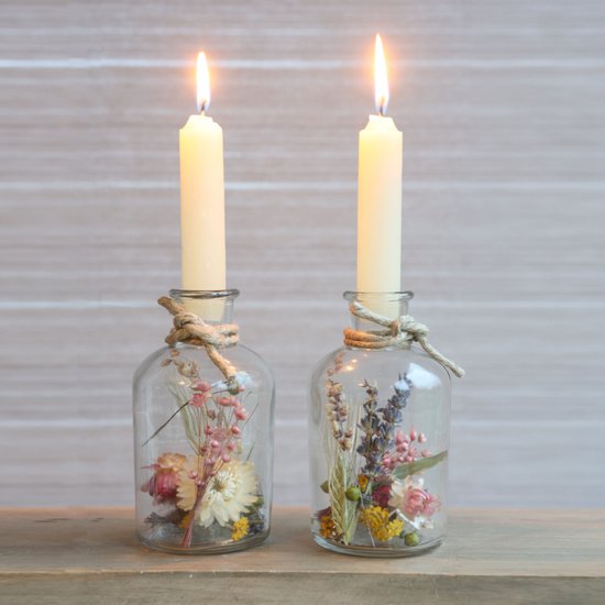 Fleurs séchées en Glas avec Bougies - Bouteilles décoratives avec bougie - 2 pcs
