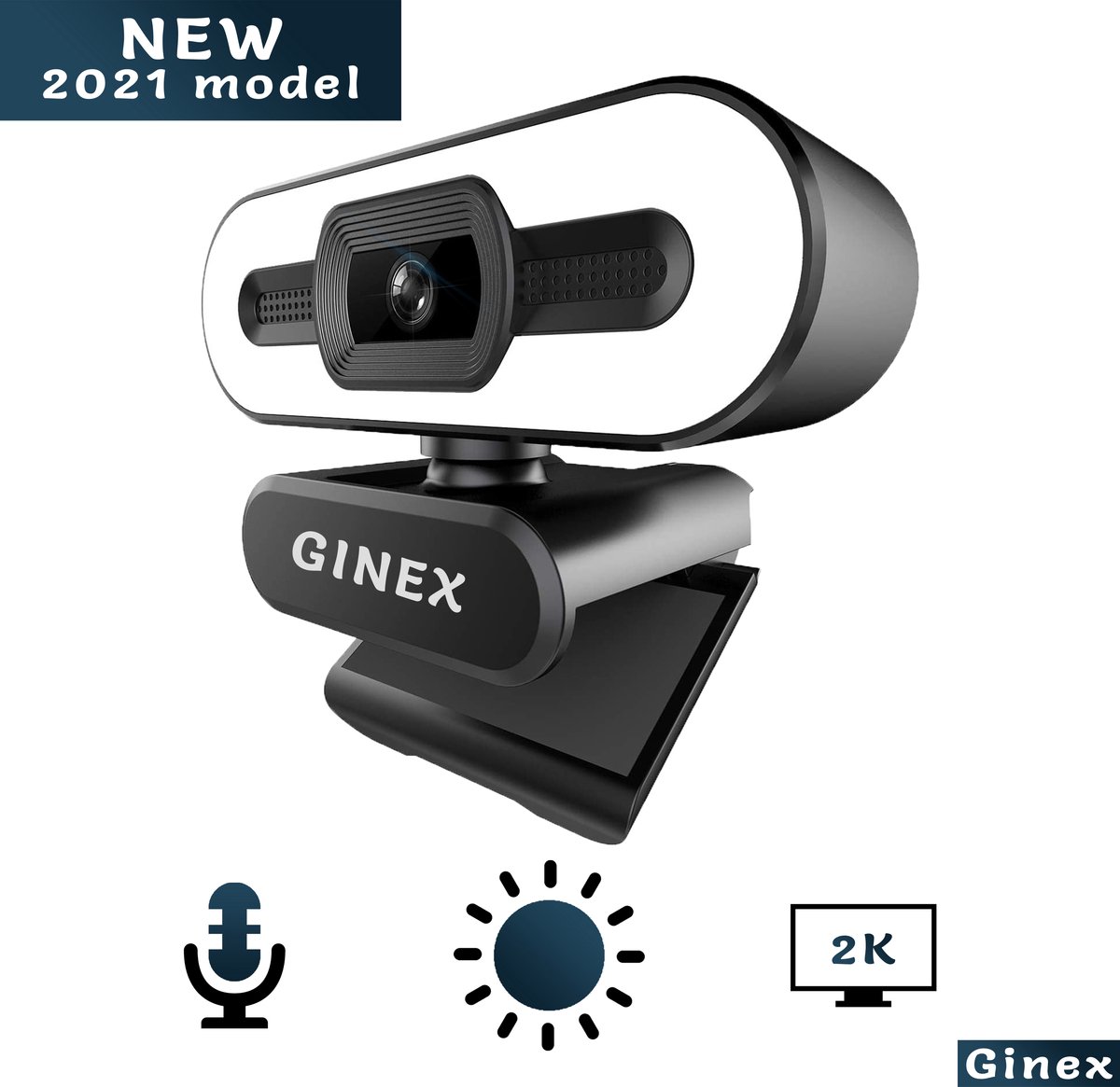 Ginex 2K webcam 2021 Model QHD - webcam met randlamp - ring light - webcam met microfoon - webcams