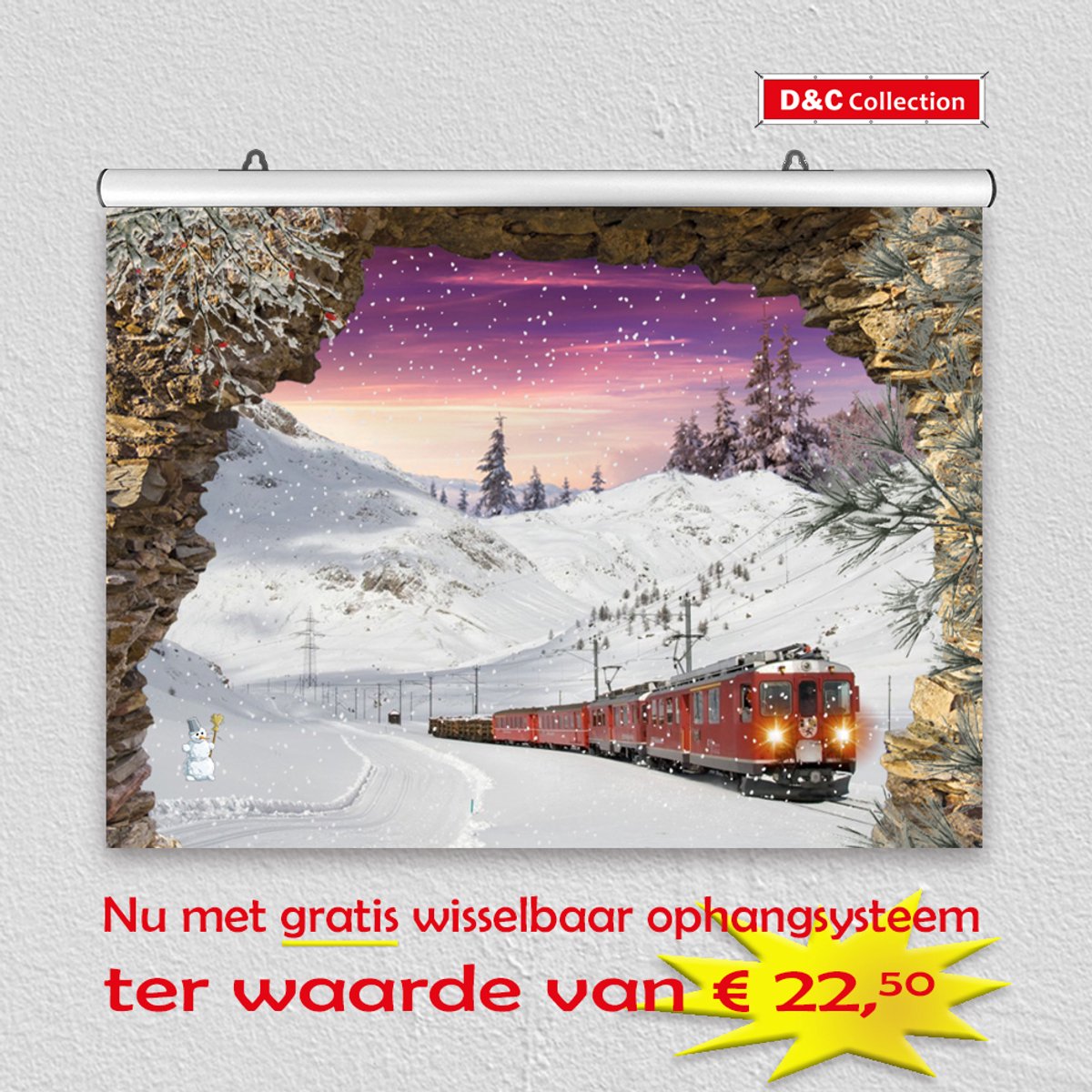D&C Collection poster - kerst poster - 60x45 cm - doorkijk - gat in rots trein door winterlandschap - winter poster - kerst decoratie multi