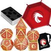 DnD Metal dice set XL Deluxe+ - Inclusief Dice Tray & Dice Bag – Red With Gold Edge - Dungeons and metalen Dragons dobbelstenen