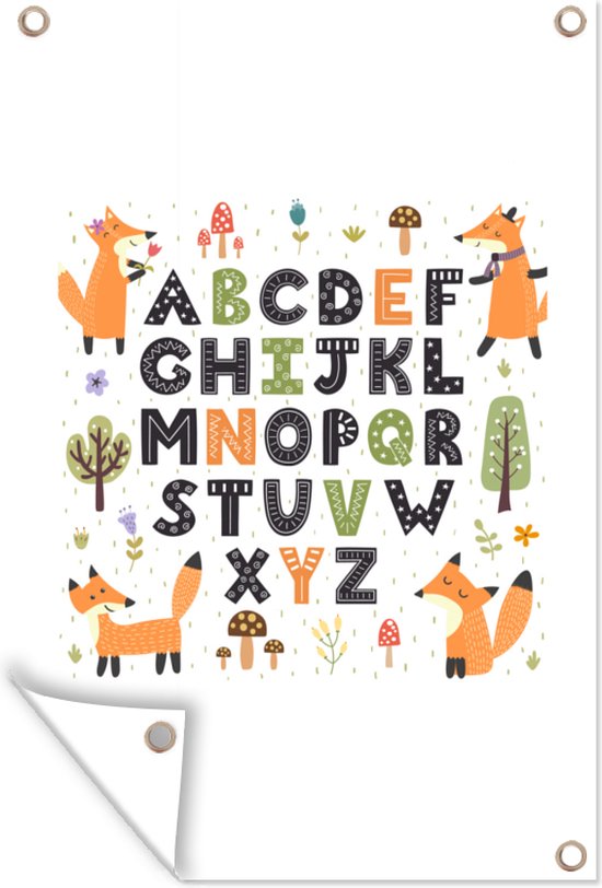 Tuinposters buiten Illustratie alfabet met oranje vossen - 60x90 cm - Tuindoek - Buitenposter