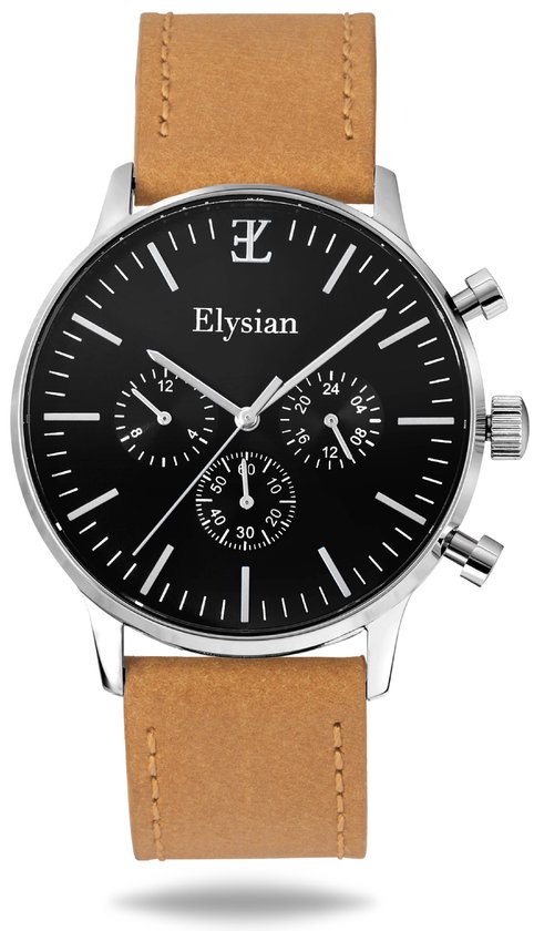 Elysian - Horloge Heren - Zilver - Vintage Leer - Waterdicht - Krasvrij Saffier - 43mm