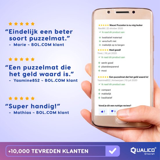 Smartphone die positieve recensies toont voor een puzzelmat, met een totaal van +10.000 tevreden klanten.