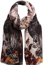 Dames sjaal lang met vogel/verenprint 190cm/92cm khaki