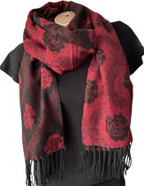 Lange Warme Dames Sjaal - Bloemenprint - 2-Zijdig - Rood - Zwart - 180 x 65 cm