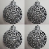 Opengewerkte Kerstballen - Zilver -  met glitters - 8 cm - kunststof - Kerstboomversiering - Kerstmis - Voordeel set van 4 stuks - Kerst cadeau tip!