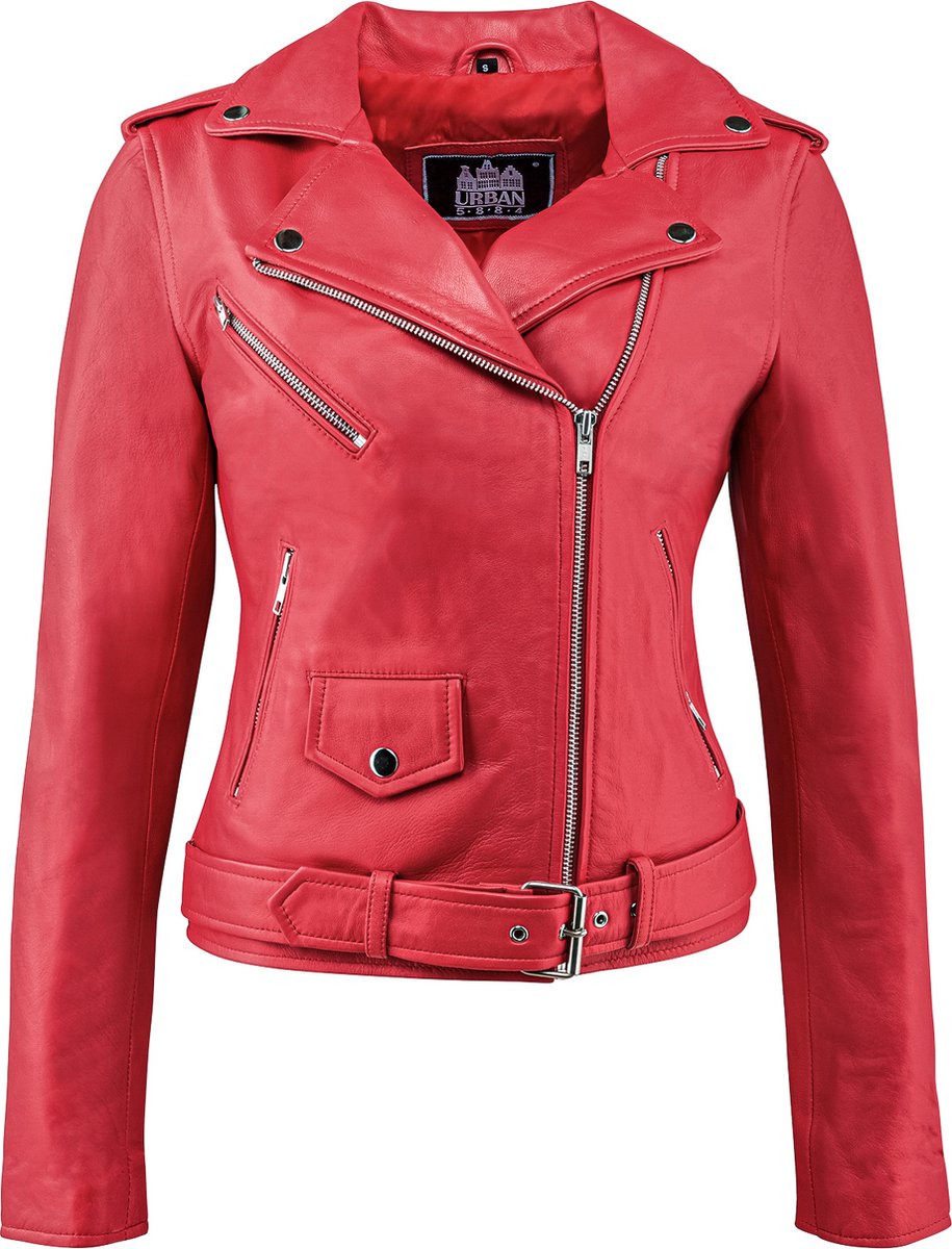 Urban 5884® - Alice - Damesjas - Perfecto - Schuin Rits - Zilver rits -Lams Leer - Rood - Maat XL
