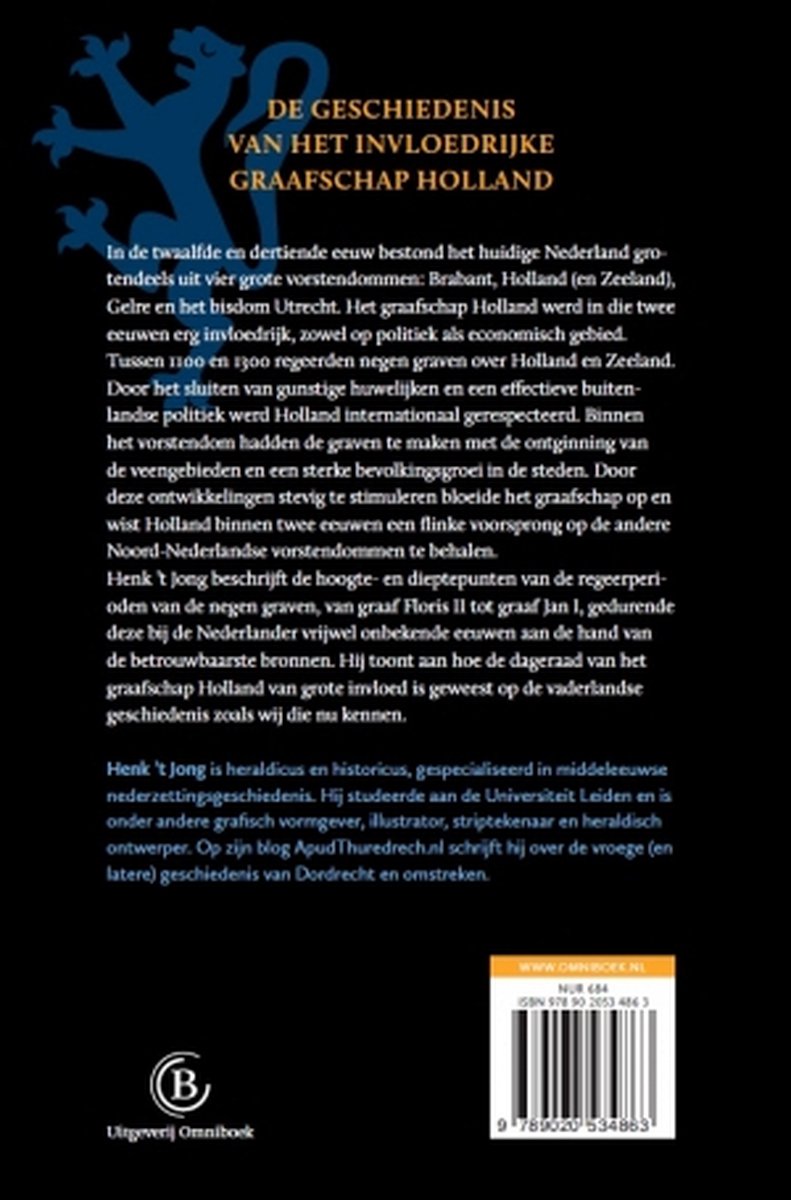 Boekomslag met blauwe leeuw en tekst 'De geschiedenis van het graafschap Holland'.