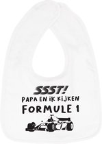 Hospitrix Slabbetje met Tekst  "SSST! Papa en Ik kijken Formule 1" Wit  - Kerstcadeau - Cadeau Zwangerschap - Baby Kwijldoek - Kwijllap - Morslap - Bavette  | Cadeau voor Papa | Aa