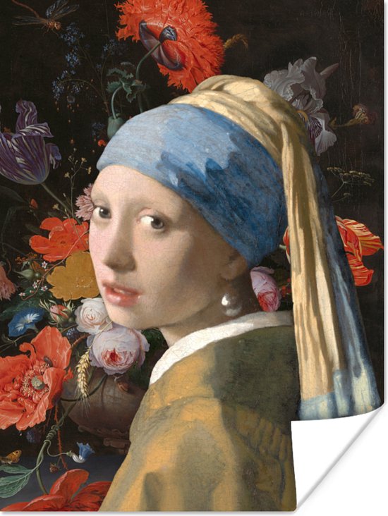 Affiche Fille à la boucle d'oreille en perle - Vermeer - Fleurs - 60x80 cm