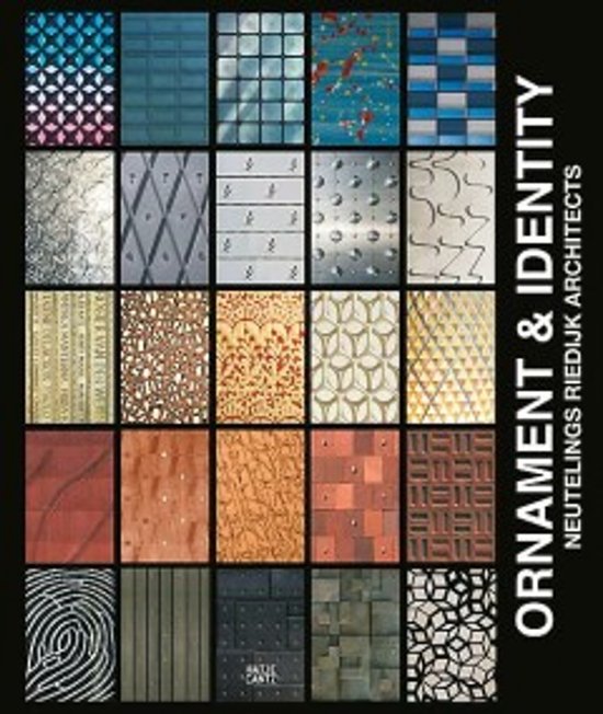 Boekomslag 'Ornament & Identity' met 25 patronen in een raster, inclusief tekst 'ORNAMENT & IDENTITY NEUTELINGS RIEDIJK ARCHITECTS'.