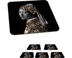 Onderzetters voor glazen - Meisje met de parel - Panterprint - Johannes Vermeer - 10x10 cm - Glasonderzetters - 6 stuks