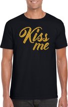 Kiss me t-shirt zwart met gouden glitter tekst heren kus me - Glitter en Glamour goud party kleding shirt L