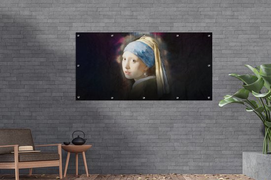Affiche de clôture Fille à la perle - Johannes Vermeer - Arc-en-ciel - 200x100 cm - Toile de jardin