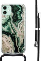 iPhone 11 hoesje met koord - Groen marmer / Marble | Apple iPhone 11 crossbody case | Zwart, Transparant | Water