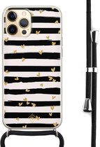 iPhone 12 Pro hoesje met koord - Hart streepjes | Apple iPhone 12 Pro crossbody case | Zwart, Transparant | Gestreept