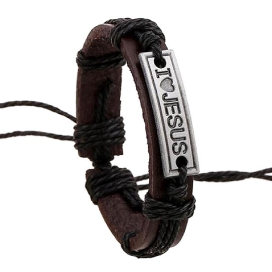Fako Bijoux® - Leren Armband - Leder - I Love Jesus Smal - Bruin/Zwart