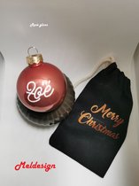 Kerst Kerstbal met naam met gratis opbergtasje rosè glans witte letters