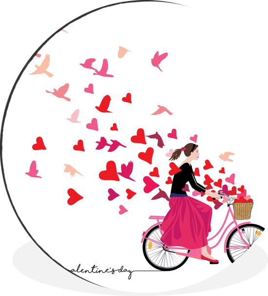 WallCircle - Wandcirkel - Muurcirkel - Een illustratie van een vrouw op de fiets met een mand vol hartjes - Aluminium - Dibond - ⌀ 140 cm - Binnen en Buiten