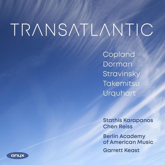 Albumhoes met witte tekst 'TRANSATLANTIC' tegen een helderblauwe lucht met witte wolken. Componisten en artiesten worden vermeld.
