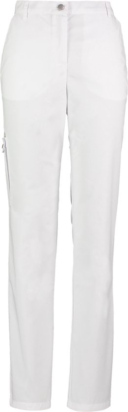 Witte werkbroek met knoop- en ritssluiting en een zak aan de zijkant.