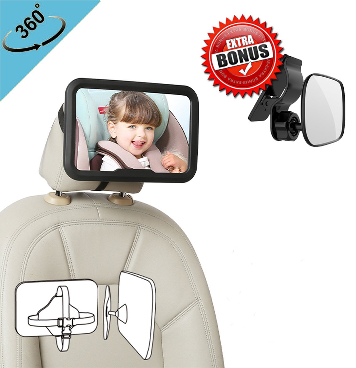 Baby & Kids Verstelbare spiegel voor in de auto - Kinderspiegel Auto - Autospiegel baby - 360 graden draaibaar - zwart
